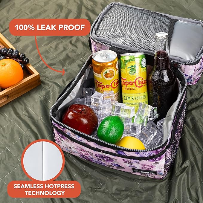Opux Lunch Box For Women - Large Dual Compartment Insulated Lunch Bag, 10x7.5x10 Inches, Floral Purple