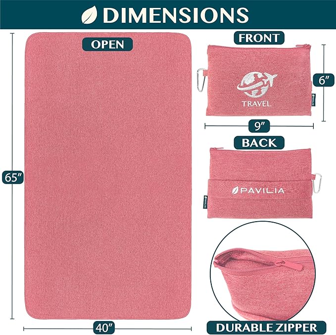 PAVILIA Soft Travel Blanket, Compact Airplane Blanket in Bag, Portable Blanket Pillow Set, Lightweight and Packable Plane Flight Car Trips Travel Home Office Gift Accessories, Pink, 65x40 inches