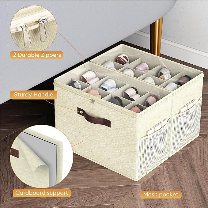 Budding Joy 2 Pack Shoe Organizer for Closet, Clear Foldable Shoe Storage Containers Adjustable Dividers Fits 16 Pairs,Shoe Storage Bins Baskets Boxes with Reinforced Handles Beige Yellow