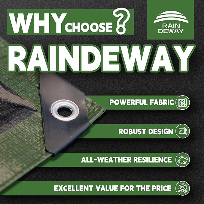 20x30 Feet Tarp Waterproof,9Mil Thick,Finished Size Tarps,UV Resistant,Durable,Multipurpose Poly Tarp Cover with Metal Grommets and Reinforced Edges,Green/Black by RAINDEWAY