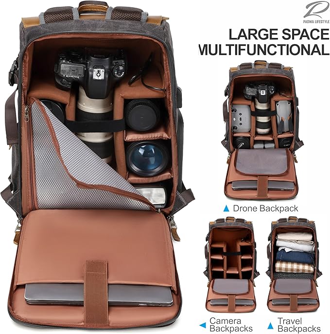 Padwa Lifestyle Black Gray Camera Backpack - Weather Resistant Waxed Memory Canvas Camera Backpacks for Photographers,Multi DSLR SLR Camera Bag with 16” Laptop & Lens Compartment and Tripod Holder