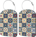 2 Pack Cute Luggage Tag for Suitcases Portuguese Tiles Leather Luggage Tags with Stainless Steel Loop Privacy Flap Name Tags,Men and Women Travel Bag Suitcase Tags