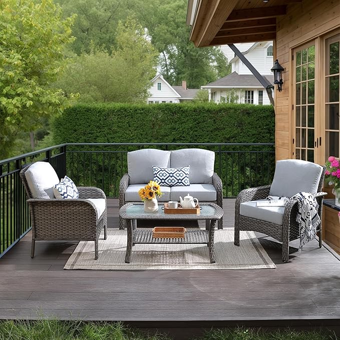 HOOOWOOO Patio Furniture Set,4 Pieces Outdoor Conversation Set,All Weather Wicker Loveseat Sofa Set with High Back Chairs Table,Light Gray