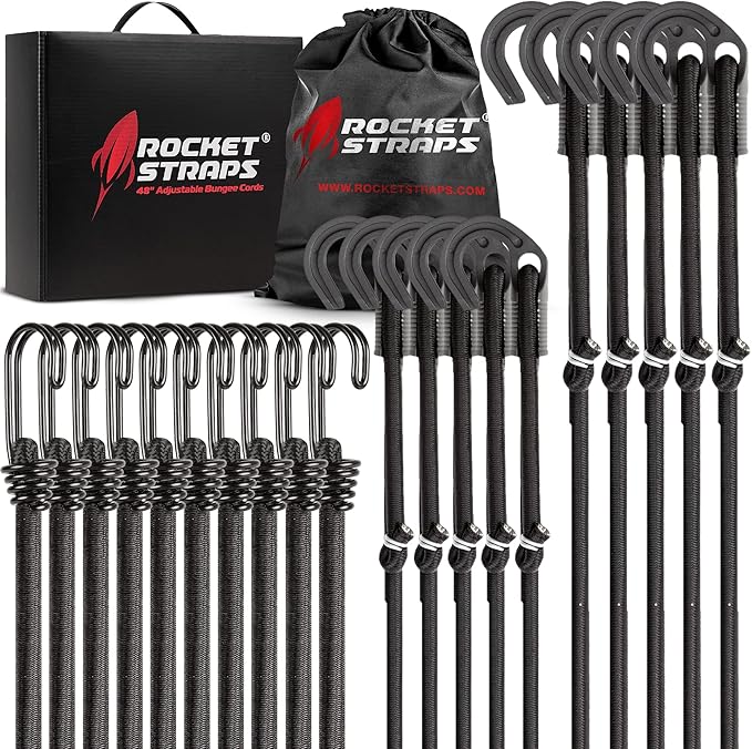 Rocket Straps - Ultimate Adjustable Outdoor Bungee Cord Assortment - Heavy Duty Set of 20 Bungee Cords (36") Double-J Hooks - Elastic Straps for Camping, Securing, and DIY Multipurpose