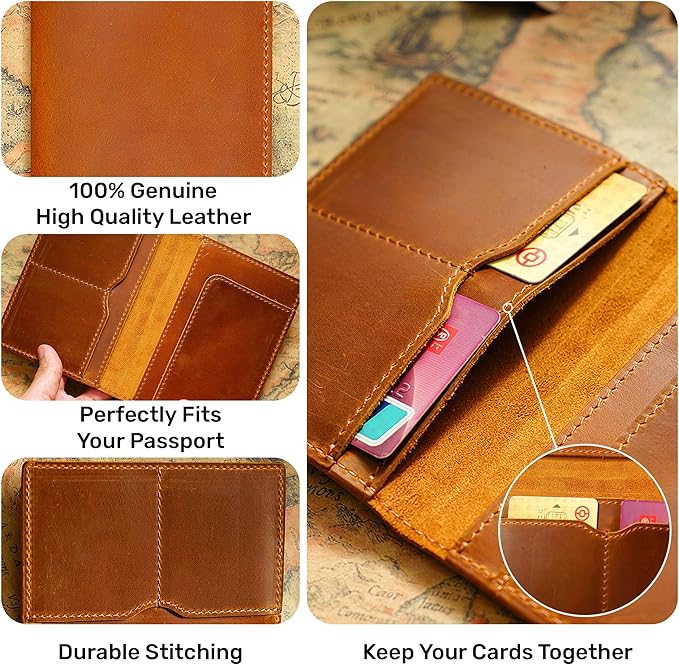HIFA Personalized Leather Passport Holder, Handmade Passport Cover with Card and Ticket Slot - Genuine Leather, Elegant Design, Easy Access - Passport Case, Passport Wallet, Passport Holder