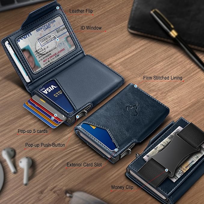 BULLIANT Men Wallet Gift Boxed,Slim Front Pocket Wallet Money Clip Card Holder 3.8"x2.7",Pop-up Access