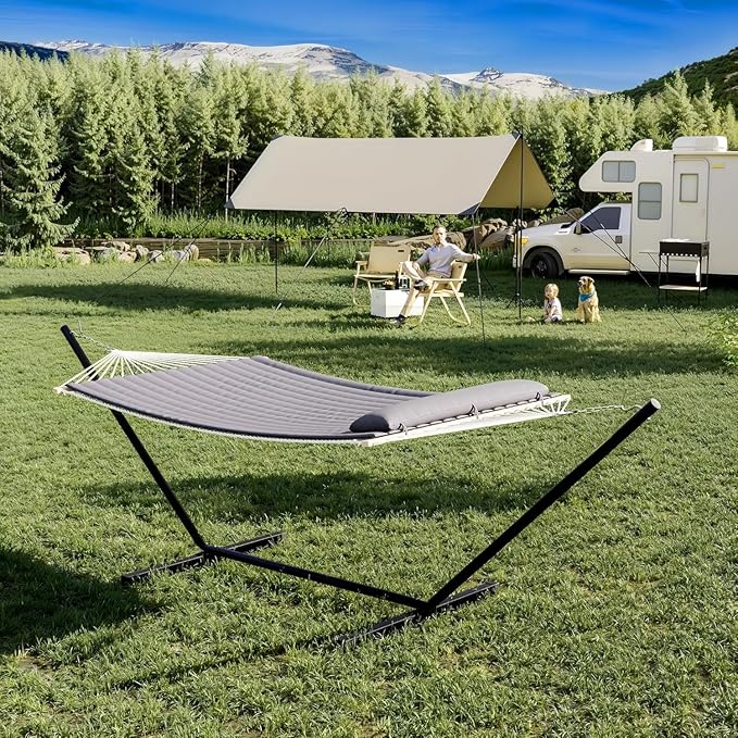 Double Hammock with Stand for 2 Persons Outdoor,Heavy Duty 450lb Capacity,with Portable Steel Frame,Cotton Rope,Polyester Pad and Carry Bag,Perfect for Garden Camping Beach Backyard Patio
