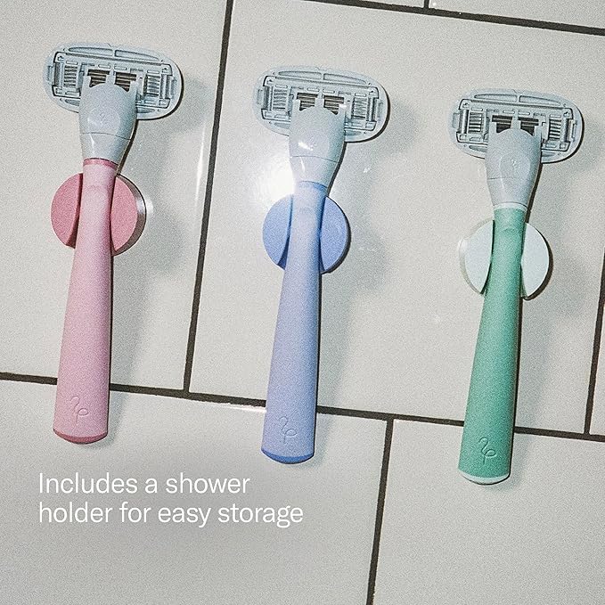 FLAMINGO 5-Blade Razors for Women - 1 Razor Handle + 1oz Foaming Shave Gel + 1 Shower Holder - Sage (Pack of 2)