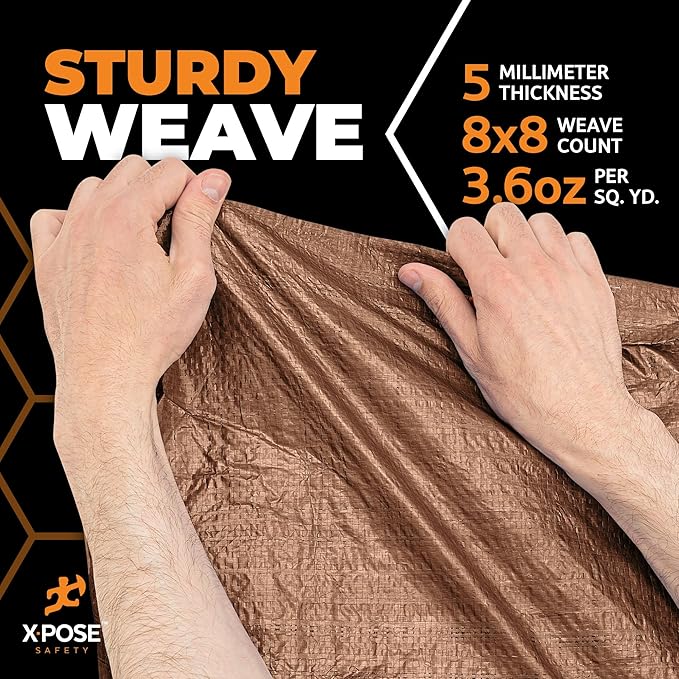 Multipurpose Protective Cover Brown Poly Tarp 10' x 20' - Durable, Water Resistant, Weather Resistant - 5 Mil Thick Polyethylene - by Xpose Safety