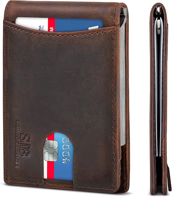 SERMAN BRANDS RFID Blocking Slim Bifold Genuine Leather Minimalist Front Pocket Wallets for Men with Money Clip Thin Mens