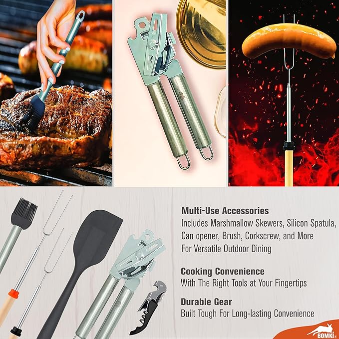 BOMKI Grilling & Camping Cooking Utensils - BBQ & Camping Kitchen Set - Cookware Accessories - Black Pro