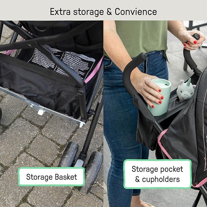 Ingenuity 3D Mini Convenience Stroller – Lightweight Stroller with Compact Fold, Multi-Position Recline, Canopy with Pop Out Sun Visor and More – Umbrella Stroller for Travel, Pink