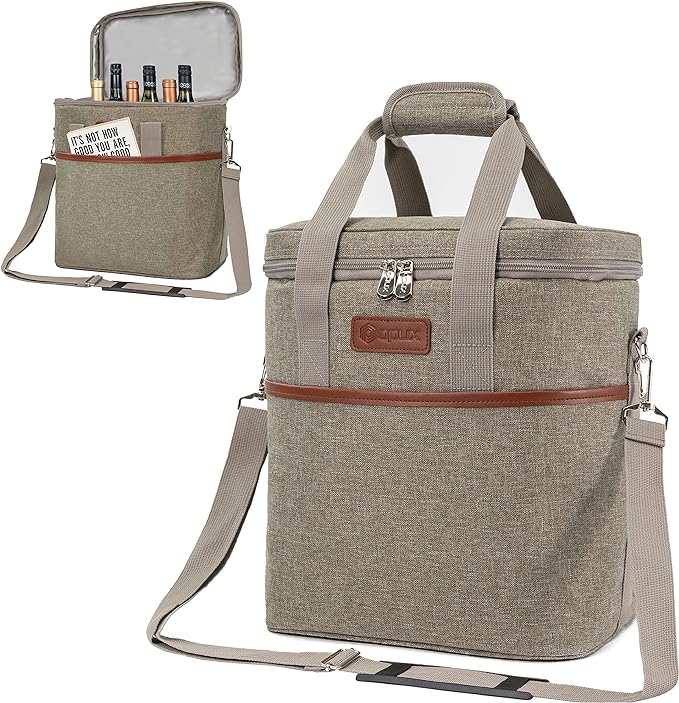 opux 6 Bottle Carrier Tote | Insulated Padded Wine Cooler Bag for Travel. Picnic, BYOB | Portable Leakproof Wine Tote Bag for Dinner, Party, Christmas, Wine Gift for Women, Men (Heather Taupe)
